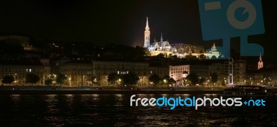 Matthias Church Illuminated At Night In Budapest Stock Photo