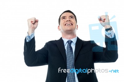 Mature Businessman With Raising Arms Stock Photo