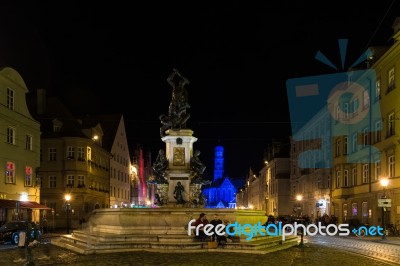 Maximilianstreet And St. Ulrich Basilica In The City Of Augsburg… Stock Photo