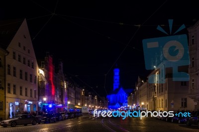 Maximilianstreet And St. Ulrich Basilica In The City Of Augsburg… Stock Photo