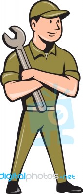 Mechanic Arms Crossed Spanner Cartoon Stock Image