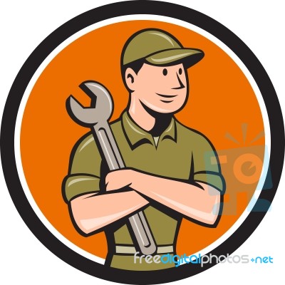 Mechanic Arms Crossed Spanner Circle Cartoon Stock Image