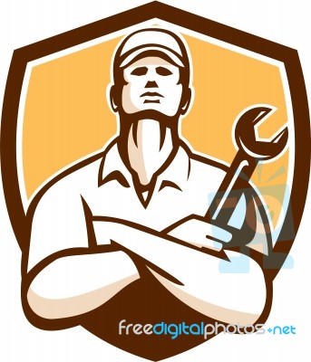 Mechanic Arms Crossed Wrench Shield Retro Stock Image