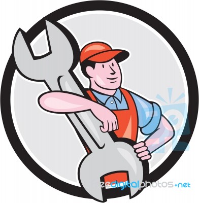 Mechanic Carry Spanner Wrench Circle Cartoon Stock Image