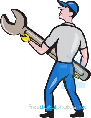 Mechanic Carrying Giant Spanner Cartoon Stock Image