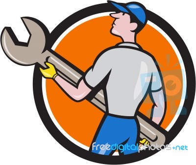 Mechanic Carrying Giant Spanner Circle Cartoon Stock Image