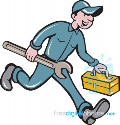 Mechanic Carrying Toolbox Spanner Isolated Cartoon Stock Image