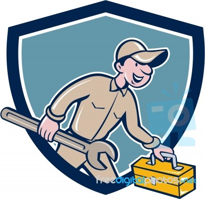 Mechanic Carrying Toolbox Spanner Shield Cartoon Stock Image