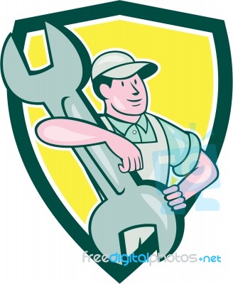 Mechanic Caryy Spanner Wrench Shield Cartoon Stock Image