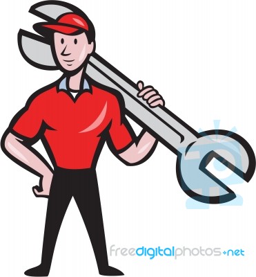 Mechanic Hold Spanner On Shoulder Cartoon Stock Image