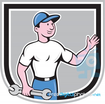 Mechanic Hold Spanner Waving Hand Cartoon Stock Image