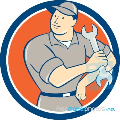 Mechanic Hold Spanner Wrench Circle Cartoon Stock Image