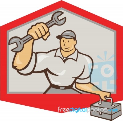 Mechanic Hold Spanner Wrench Toolbox Shield Stock Image