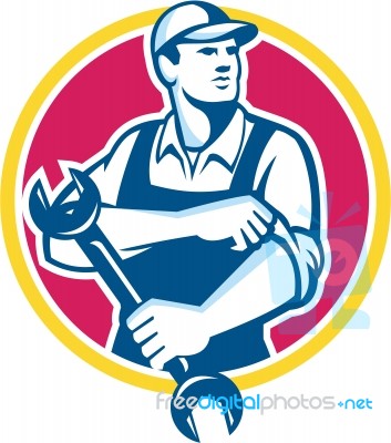 Mechanic Holding Spanner Rolling Sleeve Retro Stock Image