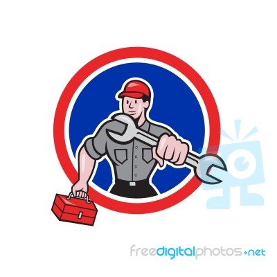 Mechanic Holding Spanner Toolbox Circle Stock Image