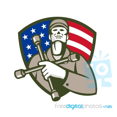 Mechanic Holding Tire Wrench Usa Flag Shield Retro Stock Image