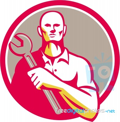 Mechanic Holding Wrench Circle Retro Stock Image