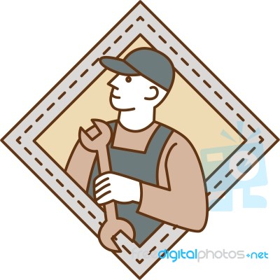 Mechanic Holding Wrench Crest Mono Line Stock Image