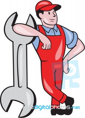 Mechanic Leaning On Spanner Wrench Cartoon Stock Image