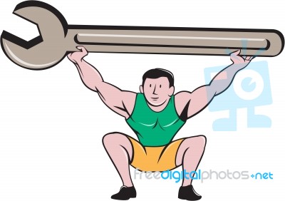 Mechanic Lifting Giant Spanner Wrench Cartoon Stock Image