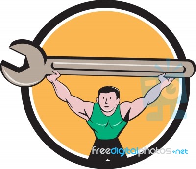 Mechanic Lifting Giant Spanner Wrench Circle Cartoon Stock Image