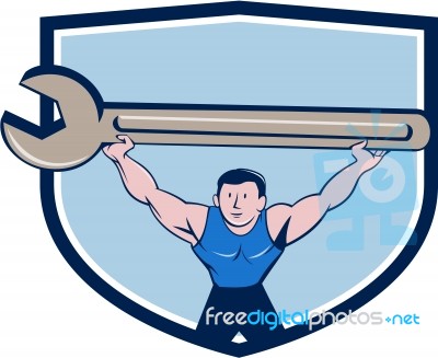 Mechanic Lifting Giant Spanner Wrench Crest Cartoon Stock Image