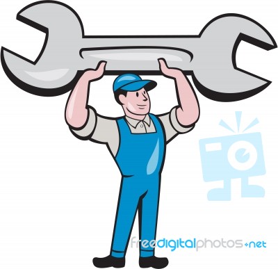 Mechanic Lifting Spanner Wrench Cartoon Stock Image