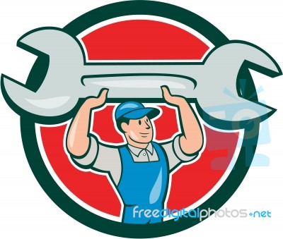 Mechanic Lifting Spanner Wrench Circle Cartoon Stock Image