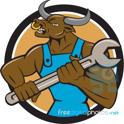 Mechanic Minotaur Bull Spanner Circle Cartoon Stock Image