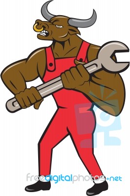 Mechanic Minotaur Bull Spanner Isolated Cartoon Stock Image