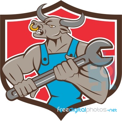 Mechanic Minotaur Bull Spanner Shield Cartoon Stock Image