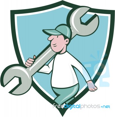 Mechanic Monkey Wrench Walking Crest Cartoon Stock Image