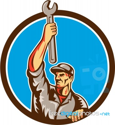 Mechanic Raising Up Spanner Circle Retro Stock Image