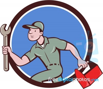 Mechanic Spanner Toolbox Running Circle Cartoon Stock Image