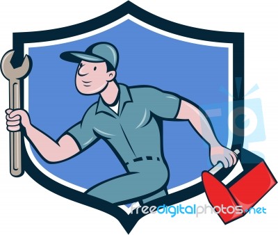 Mechanic Spanner Toolbox Running Crest Cartoon Stock Image