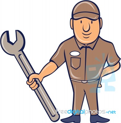 Mechanic Standing Attention Spanner Cartoon Stock Image