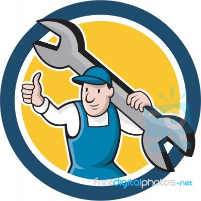 Mechanic Thumbs Up Spanner Circle Cartoon Stock Image