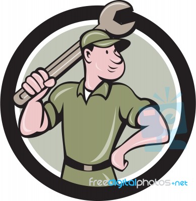 Mechanic Wielding Spanner Circle Cartoon Stock Image