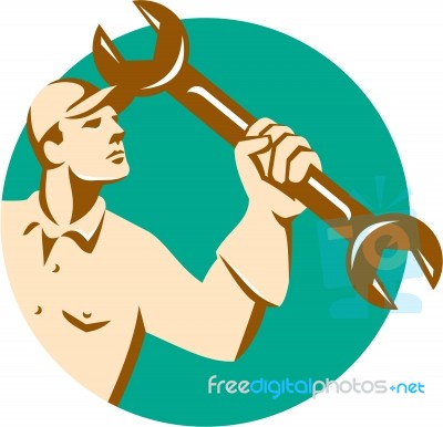 Mechanic Wielding Spanner Wrench Circle Retro Stock Image