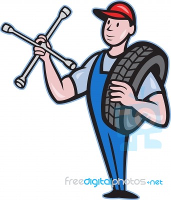 Mechanic With Tire Socket Wrench And Tire Stock Image