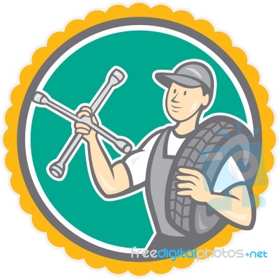 Mechanic With Tire Wrench Rosette Cartoon Stock Image