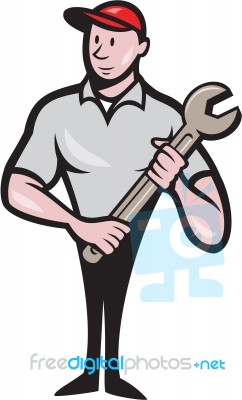 Mechanic Worker Standing Carrying Spanner Cartoon Stock Image