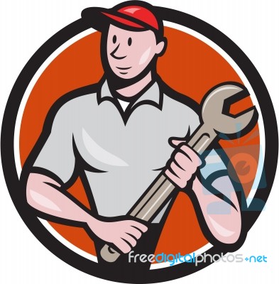 Mechanic Worker Standing Spanner Circle Cartoon Stock Image