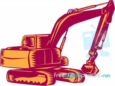 Mechanical Digger Excavator Woodcut Stock Image