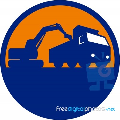 Mechanical Digger Loading Dump Truck Circle Retro Stock Image