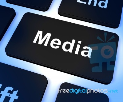 Media Computer Key Shows Internet Broadcasting Stock Image