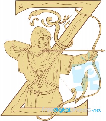 Medieval Archar Aiming Bow And Arrow Letter Z Drawing Stock Image