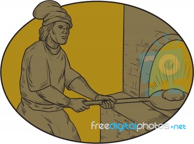 Medieval Baker Bread Peel Wood Oven Oval Drawing Stock Image