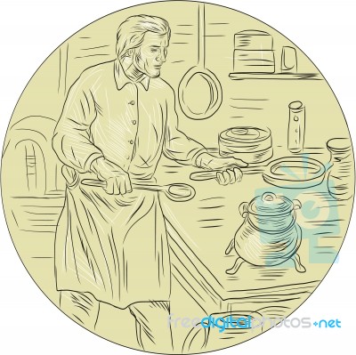 Medieval Cook Kitchen Oval Drawing` Stock Image