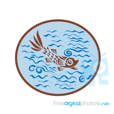 Medieval Fish Swimming Oval Retro Stock Image